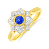 9ct Yellow Gold Ceylon Sapphire Diamond Flower Cluster Ring