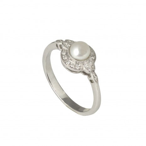 Vintage Design 14ct White Gold Pearl Diamond Halo Ring