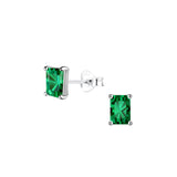 Dew Silver Rectangular Radiant Cut Green CZ Stud Earrings