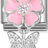 Nomination Classic Silver Enamel Pink Flower Butterfly Drop Charm