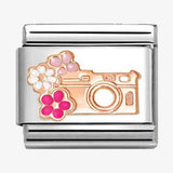 Nomination Classic Rose Gold Enamel Camera With Flowers Charm