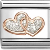Nomination Classic Rose Gold Glitter Enamel Silver Double Heart Charm