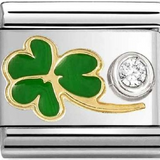 Nomination Classic Gold Enamel Green Clover with Solitaire CZ Charm