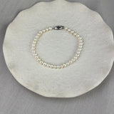 Sterling Silver White Egg Shape Cultured River Pearl Row Bracelet 4-4.5mm