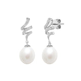 18ct White Gold River Pearl Diamond Twisted Drop Earrings 9-10mm