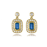 18ct Yellow Gold Sapphire Diamond Cushion Halo Drop Earrings