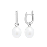 Sterling Silver River Pearl Oval Hoop Earrings 9-10mm