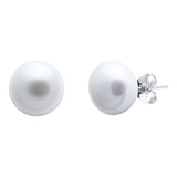 Sterling Silver White Button Shape River Pearl Stud Earrings 10-10.5mm