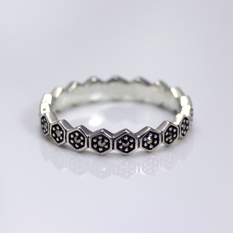 PBR007SIL Vintage Design Sterling Silver Marcasite Honeycomb Band Ring