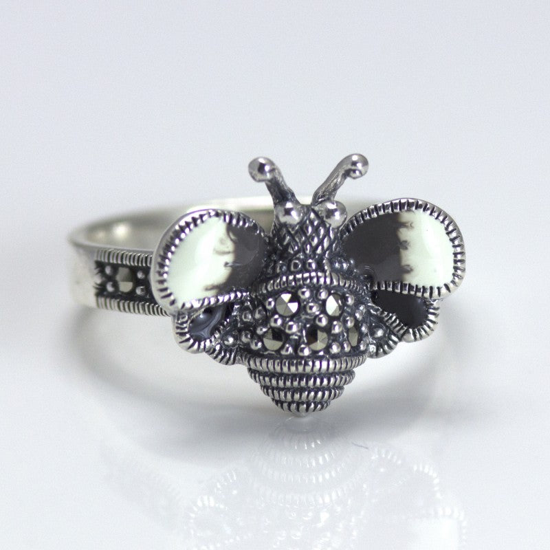 PDR197SIL Vintage Design Sterling Silver Marcasite Enamel Bee Ring