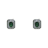 Vintage Design Sterling Silver Green Emerald Cut CZ Halo Stud Earrings