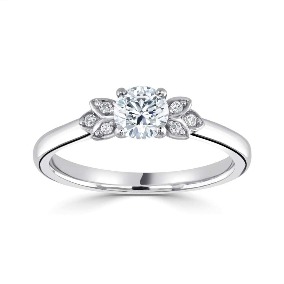 Platinum Diamond Solitaire Brilliant Cut Petal Shoulder Ring 0.72ct