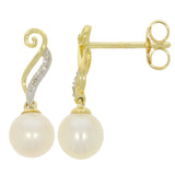 9ct Yellow Gold Pearl Diamond Ornate Scroll Drop Earrings 6mm
