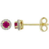 9ct Yellow Gold Ruby Diamond Round Halo Stud Earrings