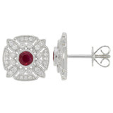 Vintage Design 9ct White Gold Ruby Diamond Ornate Cluster Stud Earrings