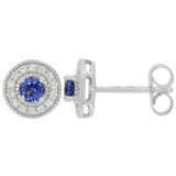 Vintage Design 9ct White Gold Ceylon Sapphire Diamond Round Halo Stud Earrings
