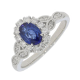 Vintage Design 18ct White Gold Ceylon Sapphire Diamond Oval Halo Cluster Ring
