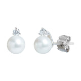 18ct White Gold River Pearl Diamond Claw Set Stud Earrings 6-6.5mm