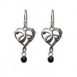 Vintage Design Sterling Silver Marcasite Black Onyx Heart Drop Earrings