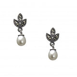 Vintage Design Sterling Silver Marcasite Pearl Leaf Top Drop Earrings