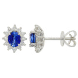 Platinum Ceylon Sapphire Diamond Oval Cluster Stud Earrings